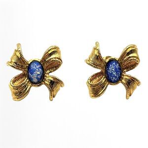 Vtg Avon Bow Earrings Gold Tone Blue Shimmer Oval Imitation Opal Stone Ribbon